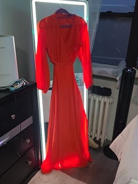 Elegant Red Long-Sleeve Wrap Maxi Dress